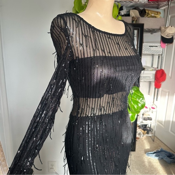 LULU’S SHEER FASCINATION SHEER MESH SEQUIN FRINGE MAXI DRESS - Picture 6 of 16